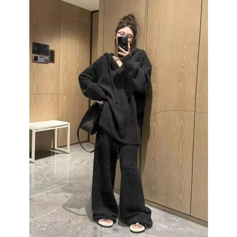 Ленивый стиль плюшевая свободная вязаная толстовка с капюшоном женские