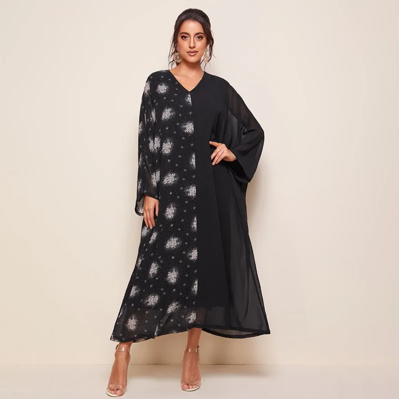 

SuperAen европейский и американский женский 2023 модный принт с v-образным вырезом с расклешенным рукавом с длинным рукавом Панельное Платье оверсайз