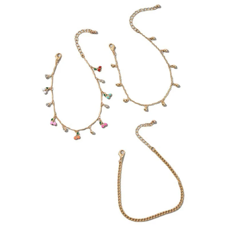 New European and American Coloured Oil-dripping Cherry Ball Pendant Chain Triple Anklet with Diamond Multi-layered Footwear