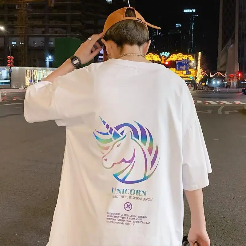 

Chaopai printed short-sleeved T-shirt Men's 2021 new summer online celebrity ins couple five-point sleeve trend loose jacket