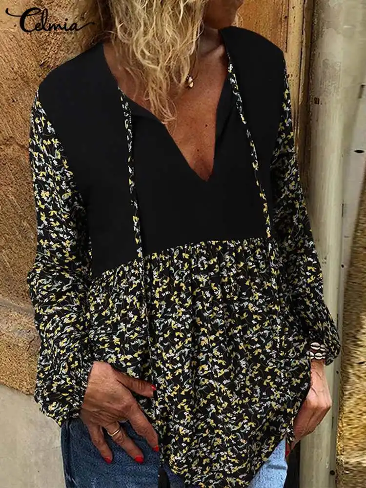 

Celmia Casual Loose 2022 Summer Blouse Bandage Elegant Stitching Floral Print Women Tunic Tops Long Sleeve Bohemian V-neck Shirt