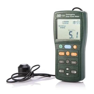 

TES-132 Handheld Solar Power Meter Tester 400-1Knm Range 2000W/m2 & 634Btu/(ft2*h) Data Logger SD Card 2G USB