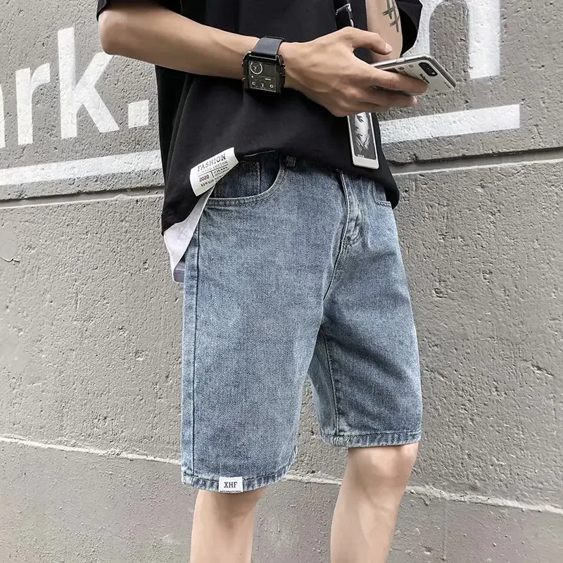 Summer Knee Length Jeans Men Korean Style Denim Shorts Men Lace-up Mid-Waist Denim Straight Shorts Fashion Short Jeans Pockets