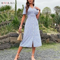 movokaka women summer holiday elegant long dress party casual button single breasted vestidos vintage blue floral print dresses