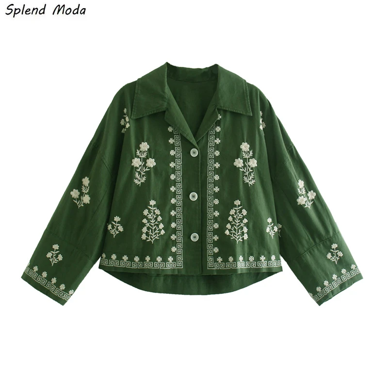 

Splend Moda Autumn Fashion Vintage Lapel Long-Sleeve Single-Breasted Embroidered Short Loose Casual Green Blouse Shirt Women