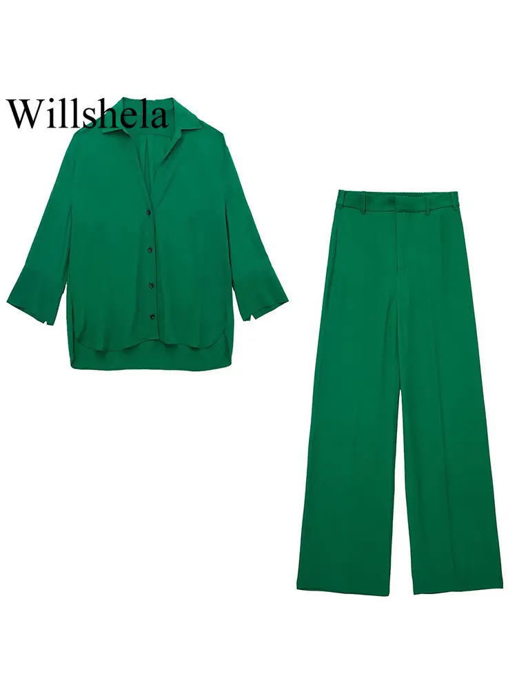 

Willshela Two Piece Set Women Fashion Solid Single Breasted Shirt Vintage Front Zipper Trousers Feamle Chic Outfit Pants Sets