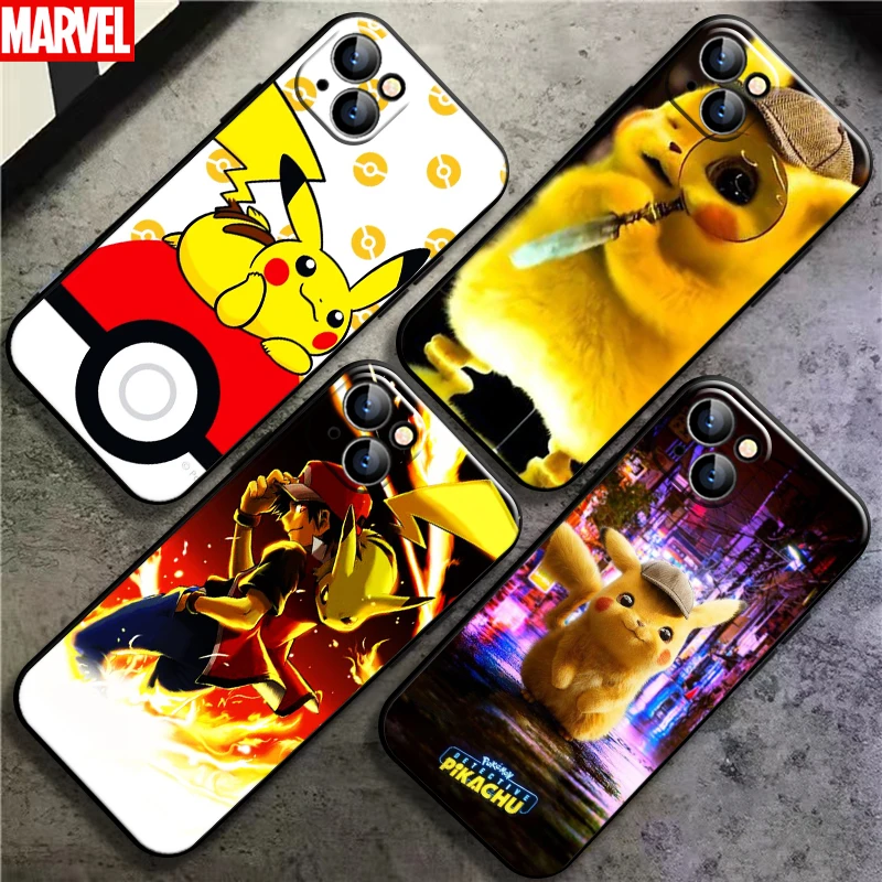 

Cute Pikachu Anime Pokemon For Apple iPhone 13 12 11 Pro Mini X XR XS Max SE 6 6S 7 8 Plus Phone Case Soft Black Funda