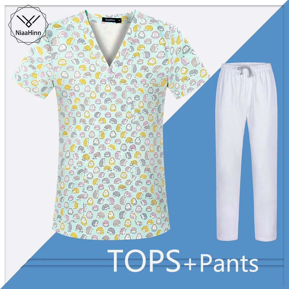 

Nurse Accessories Pet Shop Beauty Salon Spa Uniform Doctor Work Dustproof Clothe Pure Cotton Printed Breathable Scrub Top Unisex