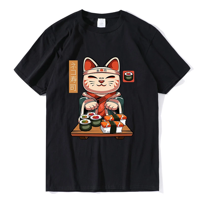 

Oversized streetwear t shirt Cat Master Chef Make Sushi Japanese Food Funny Men's Short Sleeve Funny Unisex 100% Cotton T Shirt
