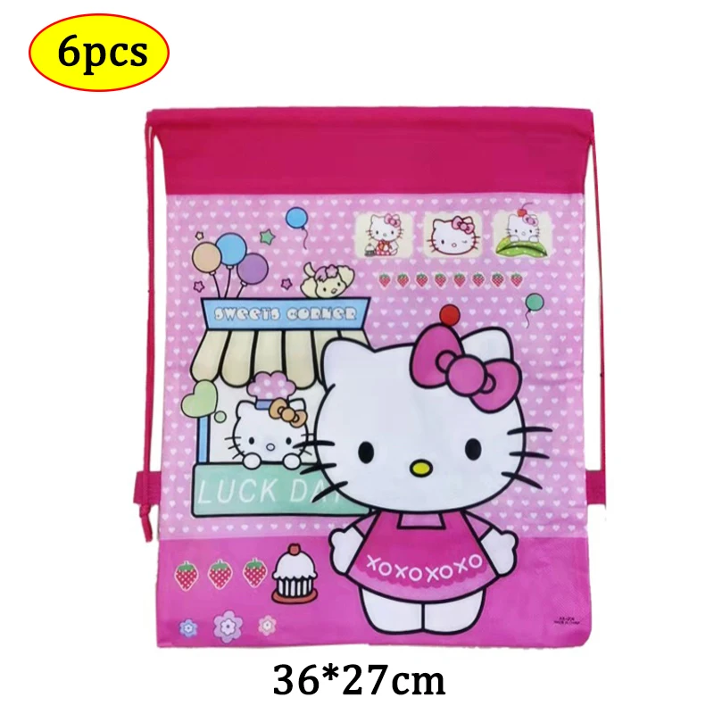 

6pcs Cartoon Pink Hello Cat Storage Bag For Girls School Backpack Non-woven Shopping Bag Drawstring Pocket Party Supplies Gifts
