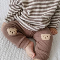 2022 autumn new cotton baby pants cute bear leggings for boys and girls waffle trousers infant toddler harem pants