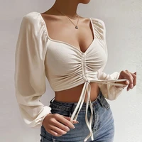 2022 autumn shirt new elegant blouse womens casual v neck solid long sleeve crop tops slim sexy shirt female fashion pullover