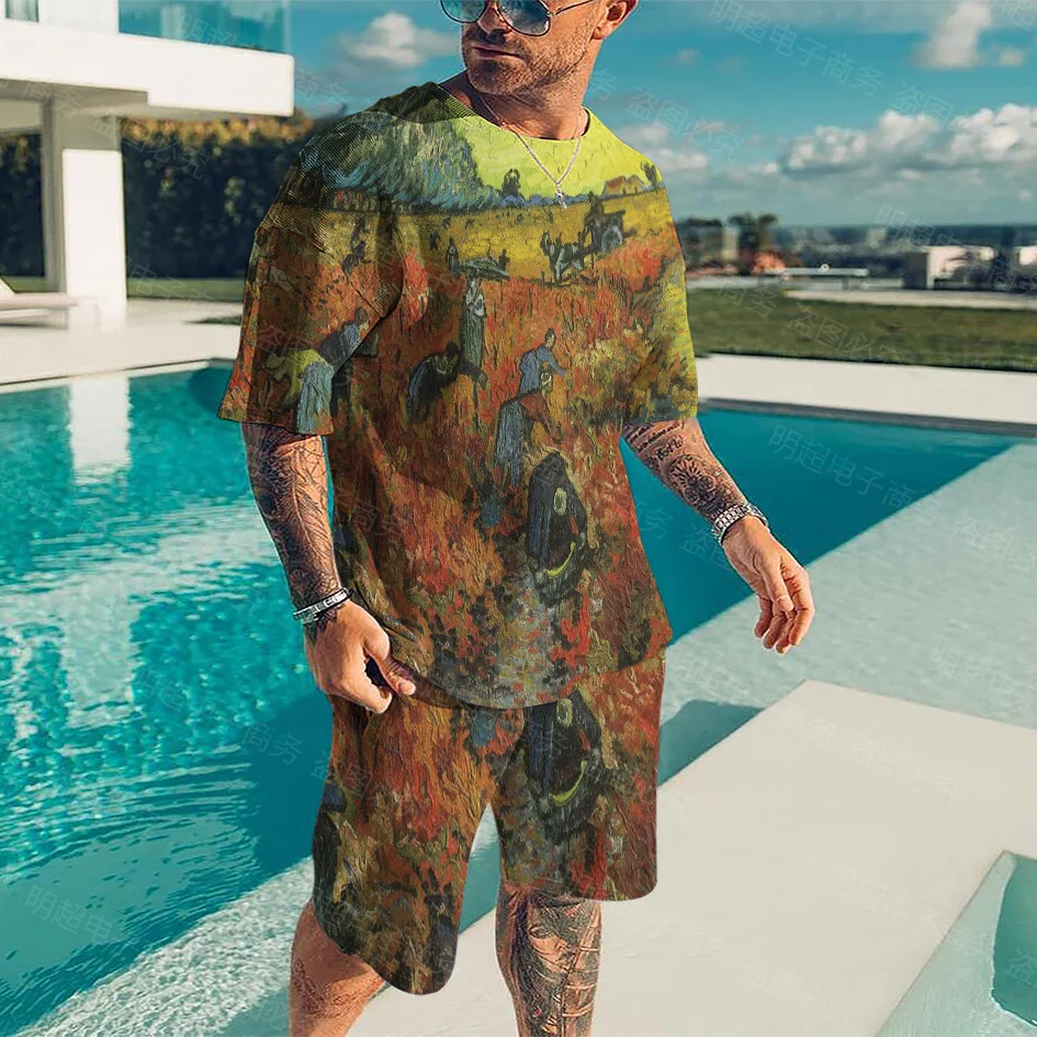 Retro T-shirt Fashion Short-Sleeved Suit Famous Painter Vincent Van Gogh Works Oil Painting Print Men's Shorts Two-Piece Set