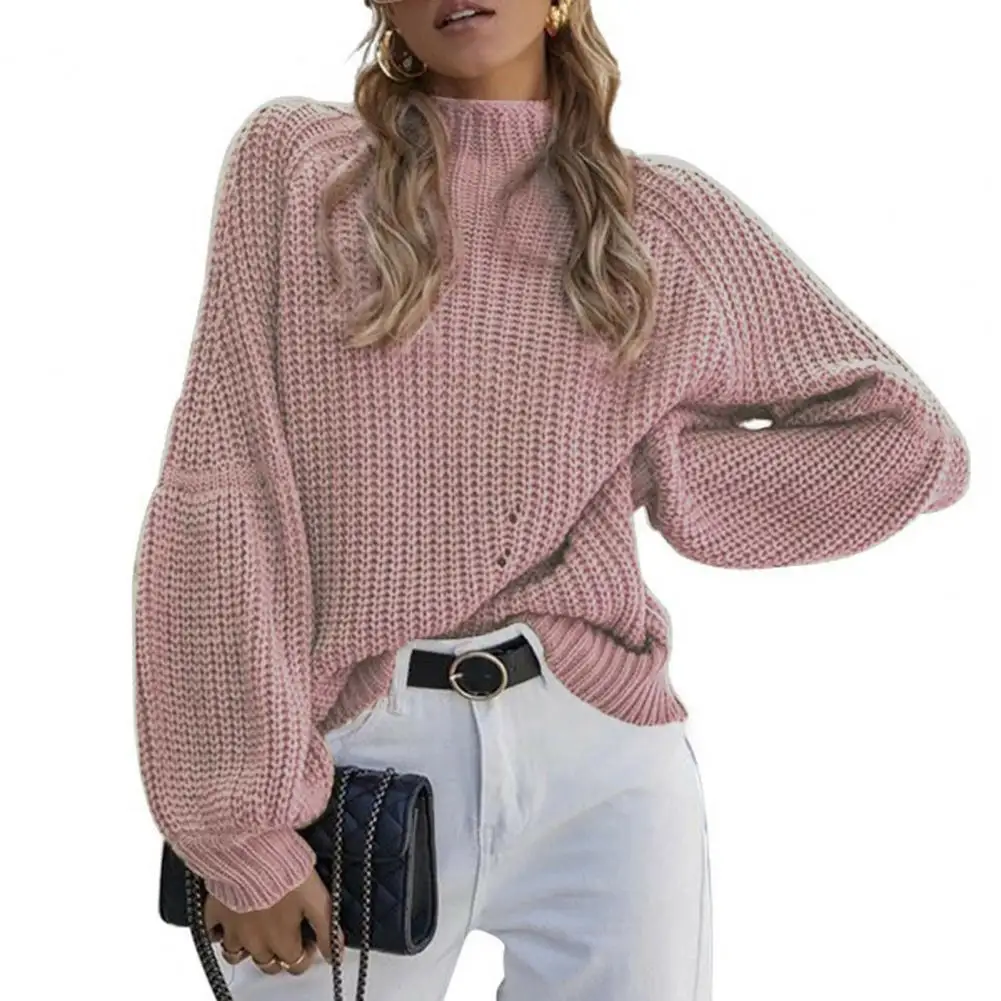 

Half High Collar Lantern Long Sleeves Thickened Women Knitwear Winter Solid Color Coarse Yarn Warm Sweater Jumper Female Clothes