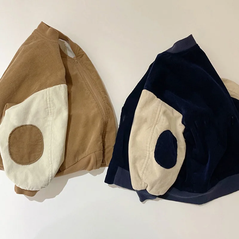 

Детская зимняя одежда, новая модная Вельветовая свободная бейсбольная куртка контрастных цветов с круглыми вставками