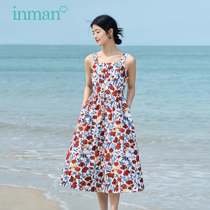 INMAN Women Suspended Dress 2023 Summer Sleeveless A-shaped High Waiste Red Print Pattern Fashion Holiday Mid-length Skirt