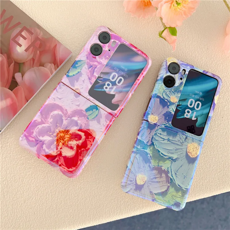 

Pink Oil Painting Flowers Phone Case For OPPO Find N2 Flip Cover Blue-ray Protective Funda Shell