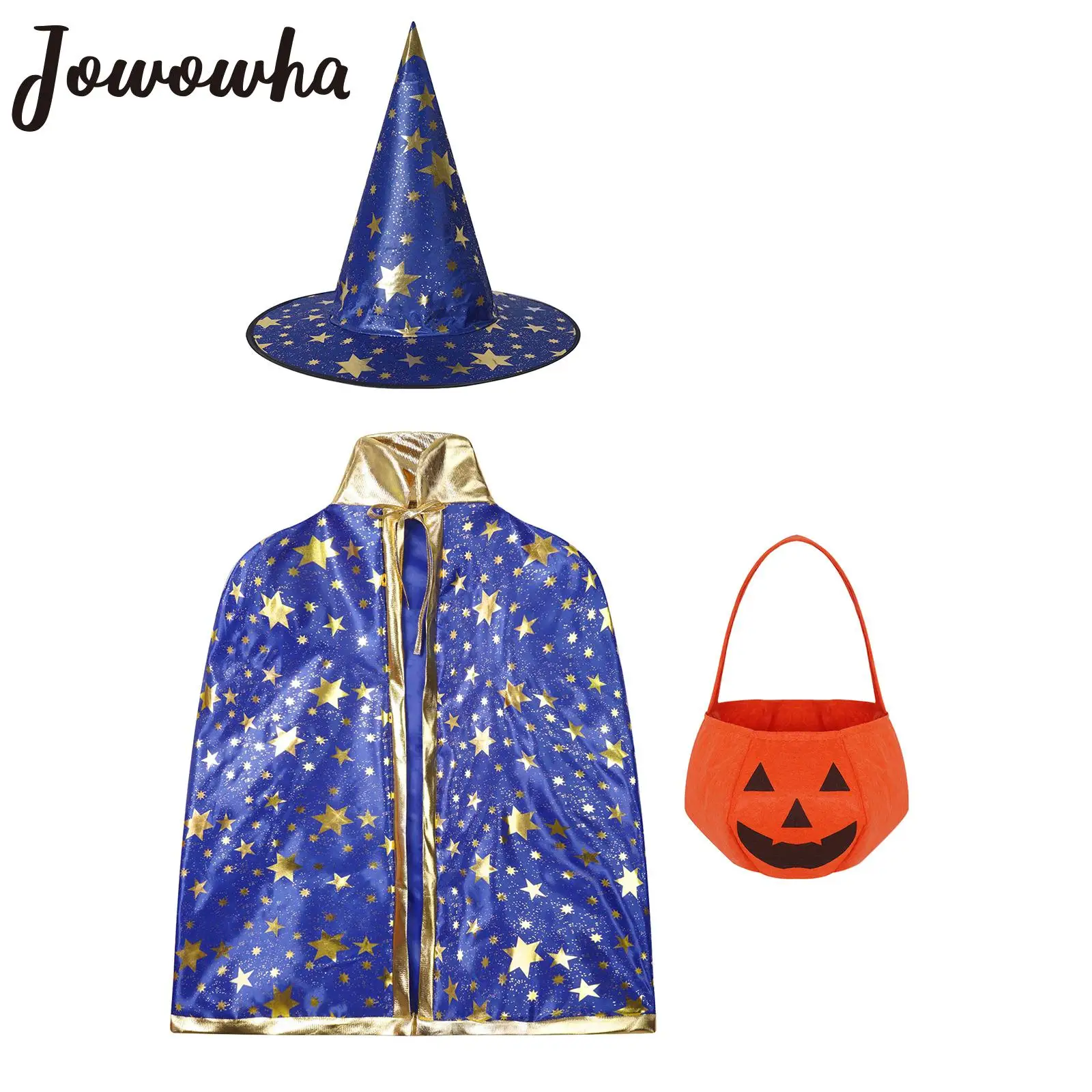 

Children Halloween Costumes Star Wizard Witch Cloak Cape Robe+Pointy Hat +Bag Cosplay Props Birthday Party Mardi Gras Accessory