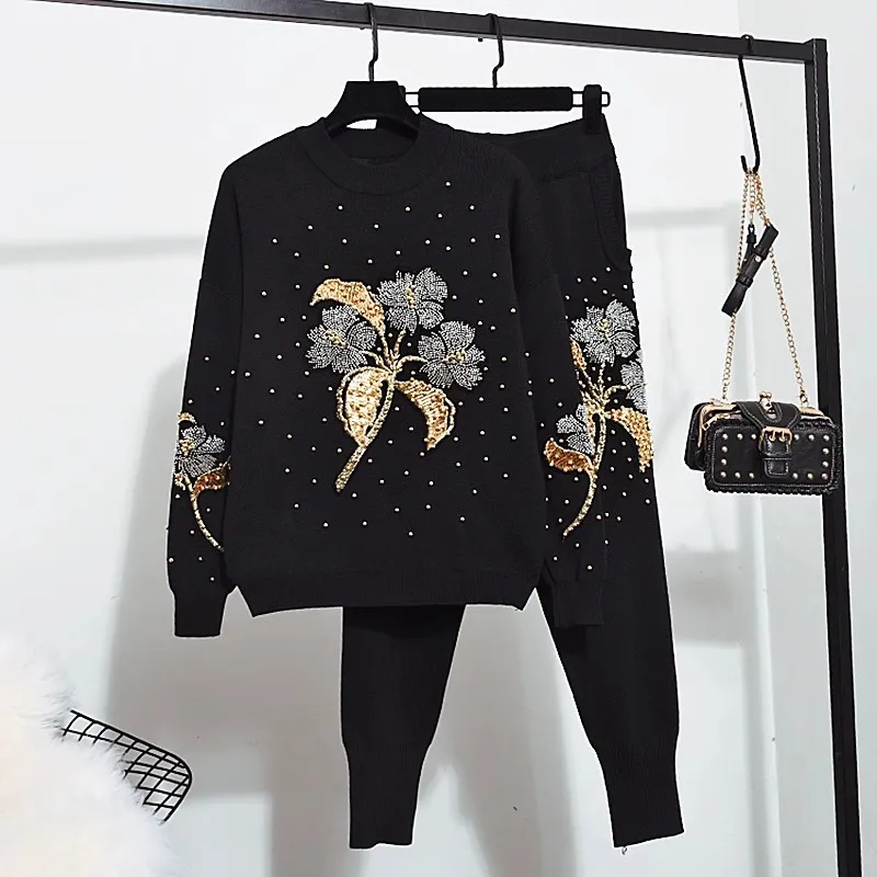 

2023 Fashion Autumn Two Piece Set Women Knitted Pullover Flowers Beading Sweater + Casual Pants Female Tracksuits Outfits D1295