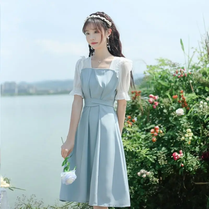 

Elegant Dress Women Chinese Style Ruffle Knee-length Petal Sleeve Princess Blue Vestidos Lace Up Stitching Fashion Square Collar