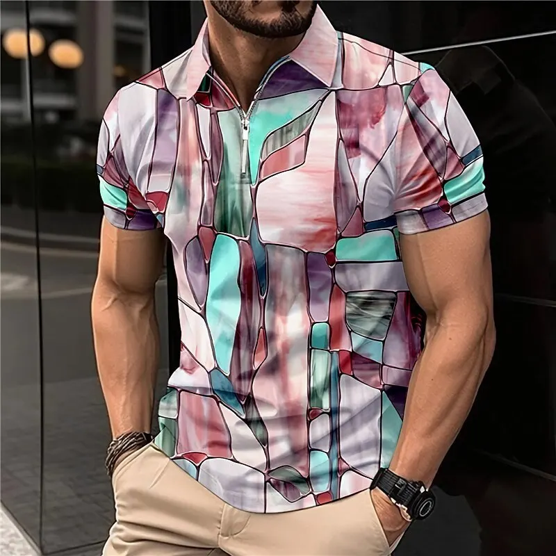 

Men's Fashion Polo Shirts Summer Color Block Graphic Prints Zipper Polo Shirt T-Shirt Short-Sleeved Shirt Casual Slim Tops