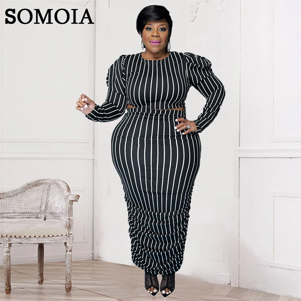 

Plus Size Temperament Women Two Piece Set Fashion Clothes Striped Puff Sleeve Tops and Ruched Tights Maxi Skirts Casual Sets