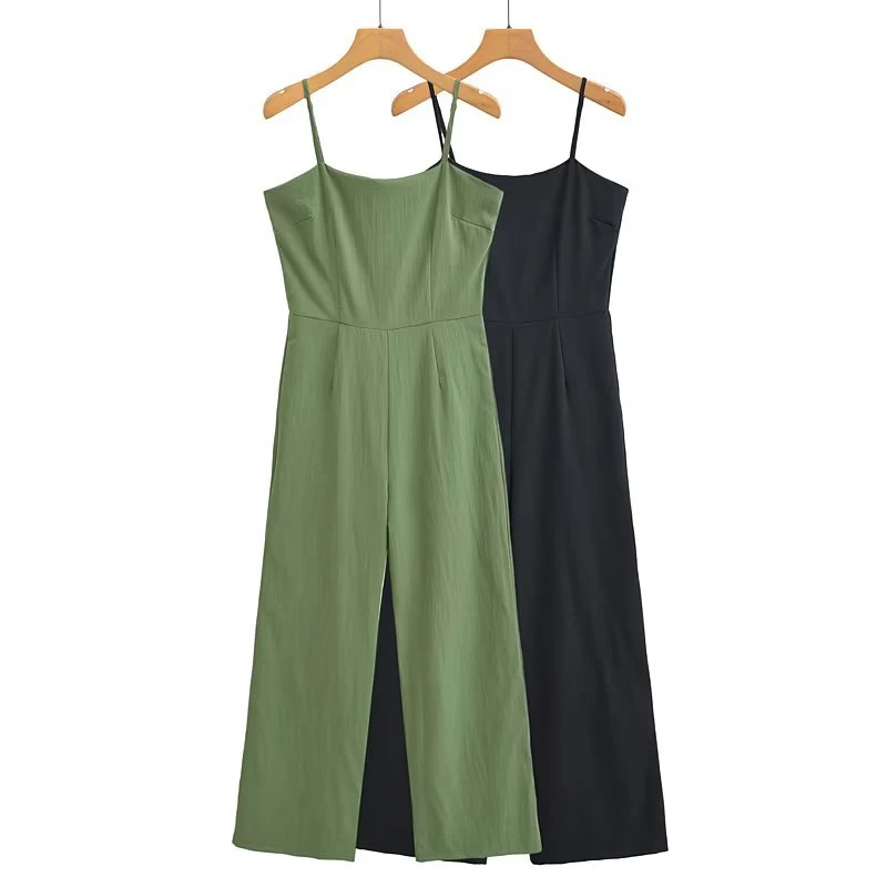

RDMQ 2023 Women Fashion Vintage Green High Waist Sling Long Jumpsuit Sexy Sleeveless Ladies Summer Overalls Jumpsuits