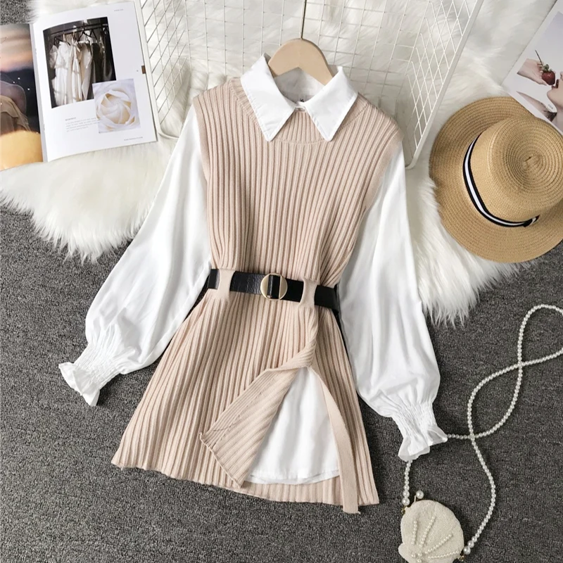 

2022 Autumn Womens Casual Shirts Sets Women Knitted Vest 2 Piece Set Sleeveless Sweater Tops Spring Long Lantern Sleeve Shirt