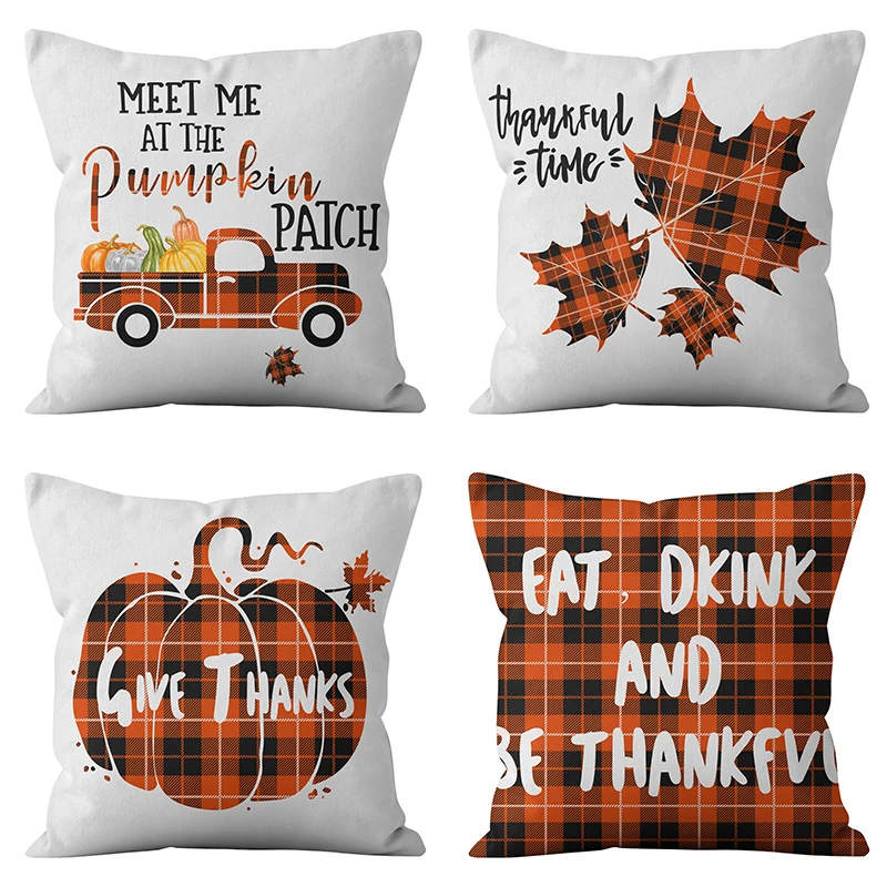 

Throw Pillow Case Pumpkin Farm Tract Cushion Covers for Home Sofa Chair Decorative Pillowcases Orange Tartan Thanksgiving decor