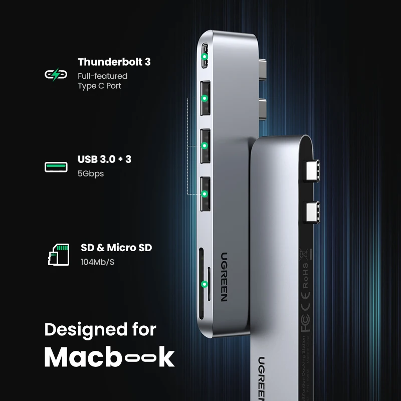 UGREEN USB C HUB Dual Type-C 3.1 to 5K60Hz Thunderbolt 3 Adapter SD TF for MacBook Pro Air M2 M1 Dock Docking USB Type C 3.0 HUB images - 6