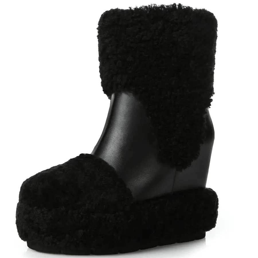 Winter Warm Fur Pumps Women Genuine Leather Wedges High Heel Snow Boots Female High Top Round Toe Fashion Sneakers Casual Shoes
