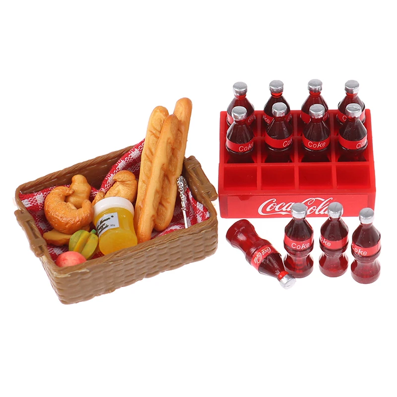 

1 Set 1/12 Miniature French Bread Toast Fruit Jam Basket Cola Juice for Dollhouse Kitchen Play Toys Pretend Food Accessories