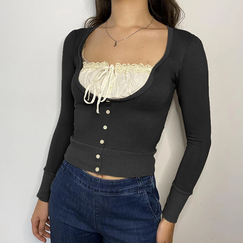 

Women Lace Crop Top Button Vintage T-Shirt Full Sleeve Square Collar Pullovers Cute Frill Tee Women Harajuku 90s