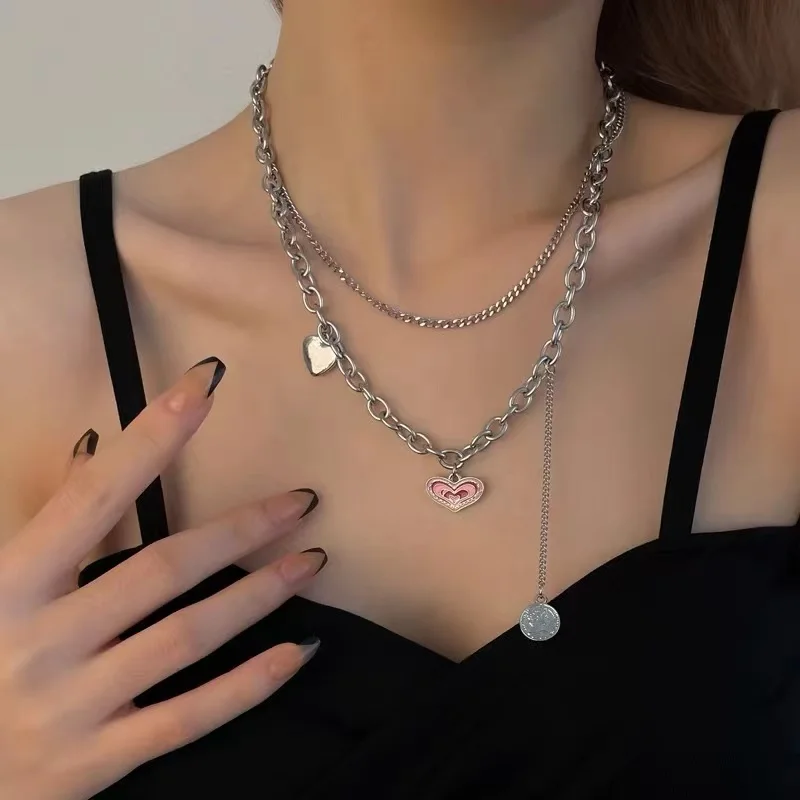 

Fashion Trend Hip Hop Unique Design Exquisite Pink Love Double Layer Tassel Coin Clavicle Necklace Ladies Jewelry Gift Wholesale