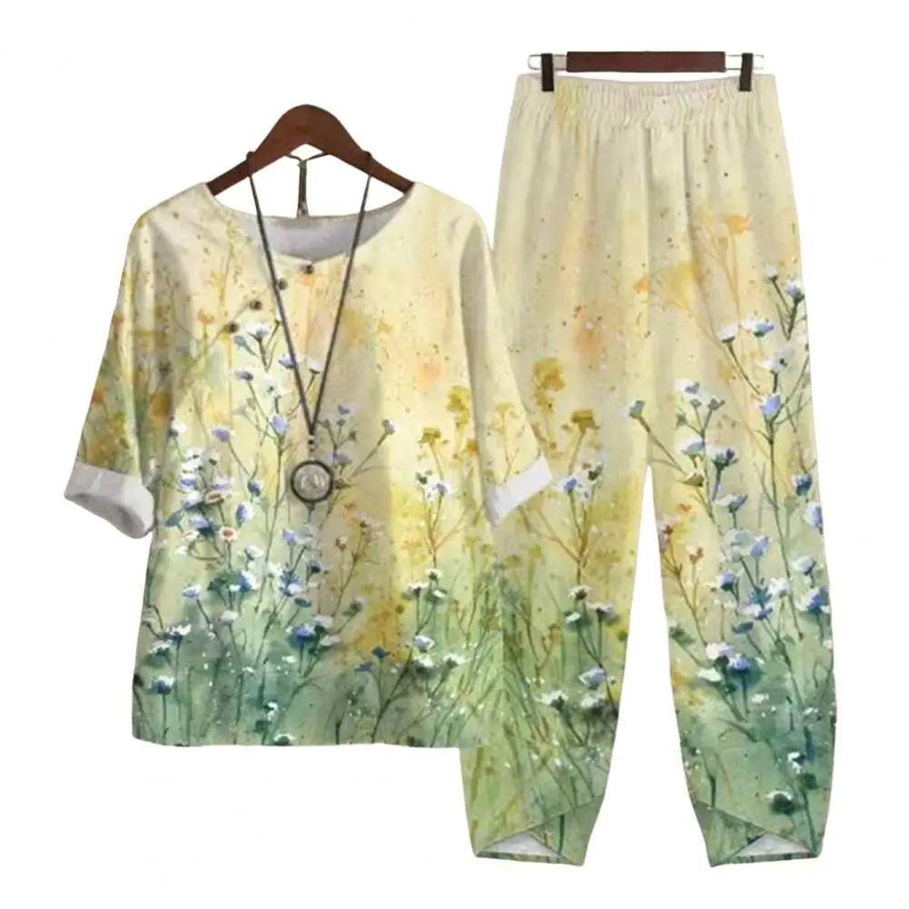 

2 Pcs/Set Women T-shirt Pants Set Floral Print Half Sleeves Loose Round Neck Wide Leg Casual Summer Top Trousers Suit