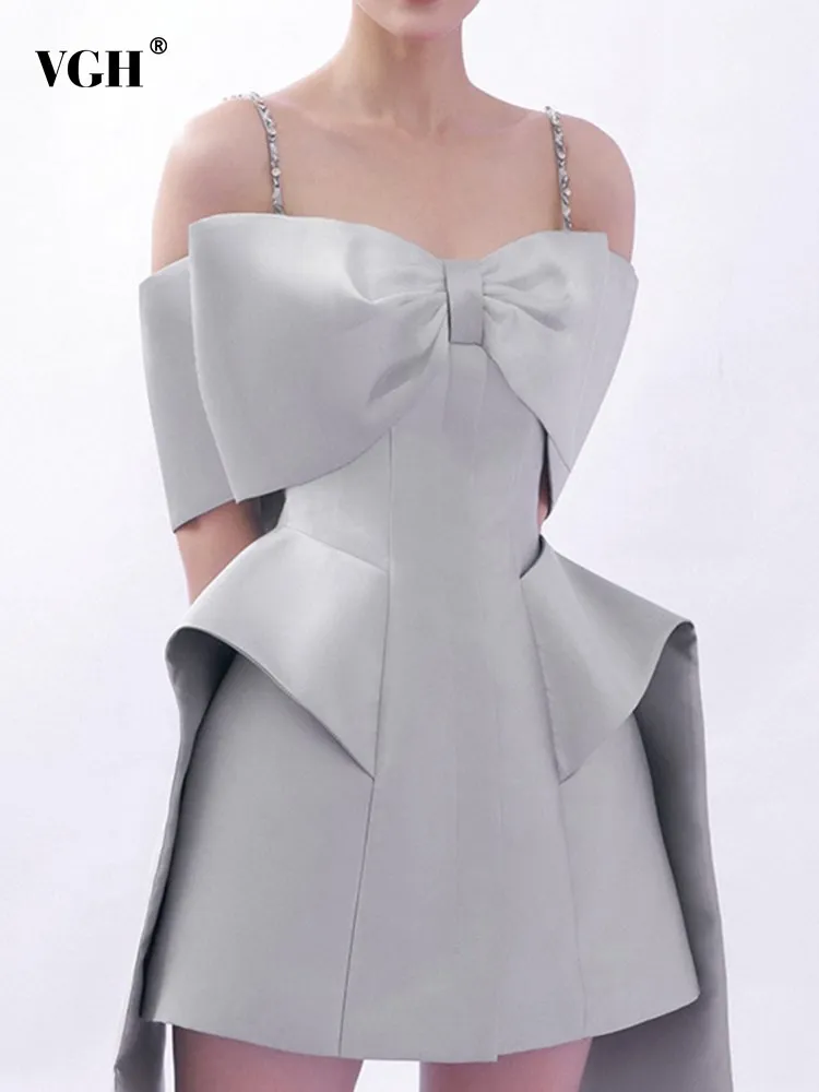 

VGH solid spliced bowknot elegant dresses for women square collar short sleeve high waist slimming a line dress female fashion