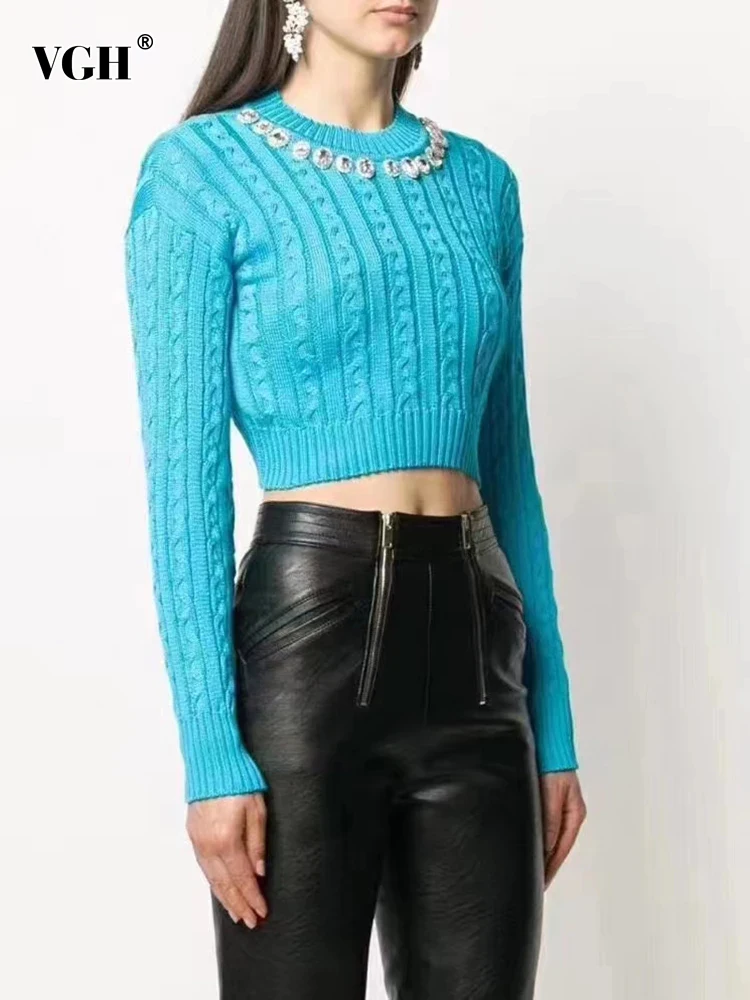 

VGH Diamond Solid Short Sweater For Women Round Neck Long Sleeve Minimalist Slim Knitting Sweaters Female Autumn Clothing 2022