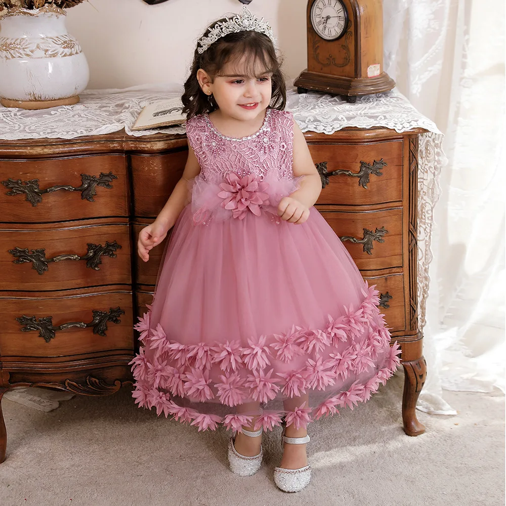 

Girls Dress Flowers Wedding Party Children Lace Sleeveless Princess Summer Children Tutu Bridesmaid Kids Clothes with Pearls