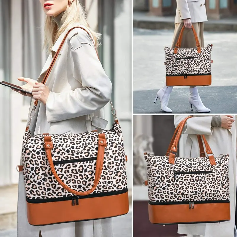Women Travel Duffle Bag Carry On Tote Weekender Overnight Bag - PU Leather Shoulder Strap Leopard 18 Inch