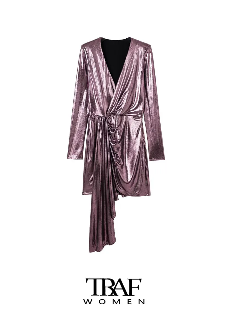 

TRAF Women Fashion With Ruched Shiny Metallic Mini Dress Vintage V Neck Long Sleeve Female Dresses Vestidos Mujer