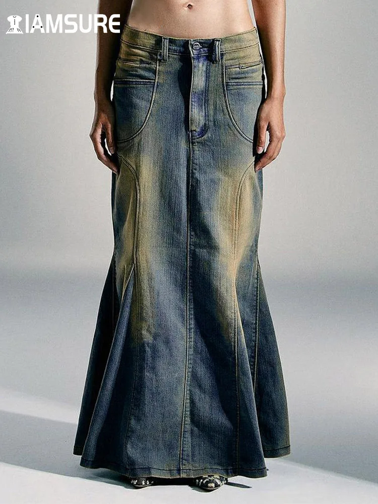 

IAMSURE Streetwear Casual Denim Trumpet Skirt Vintage Slim Low-Waisted Mermaid Maxi Skirts Women 2023 Summer Fashion Ladies