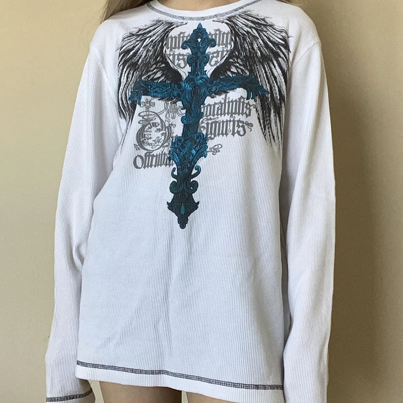 

Y2K Mall Goth Retro Pullovers Tops 00s Vintage Cross Wings Graphics T Shirt Dark Academia Grunge Aesthetics Sweats Tees Techwear