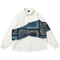 japanese retro national style mens autumn blue cashew flower print stitching long sleeved shirt white loose shirt coat casual