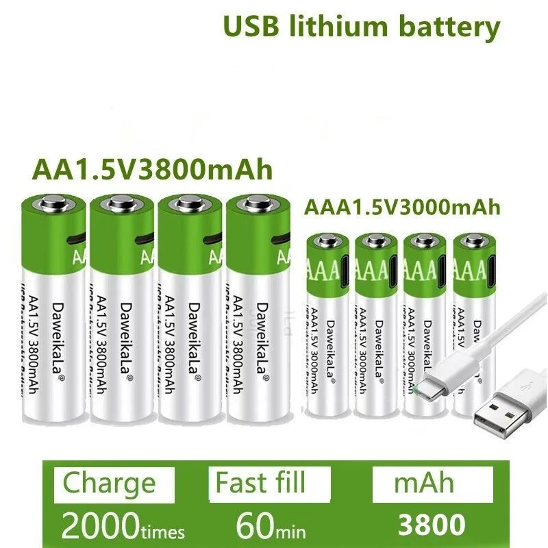 

2022 New AA 1.5V 3800mah/1.5V AAA 3000mAh rechargeable Li-Ion battery flashlight toy watch MP3 player Li-Ion battery replacement