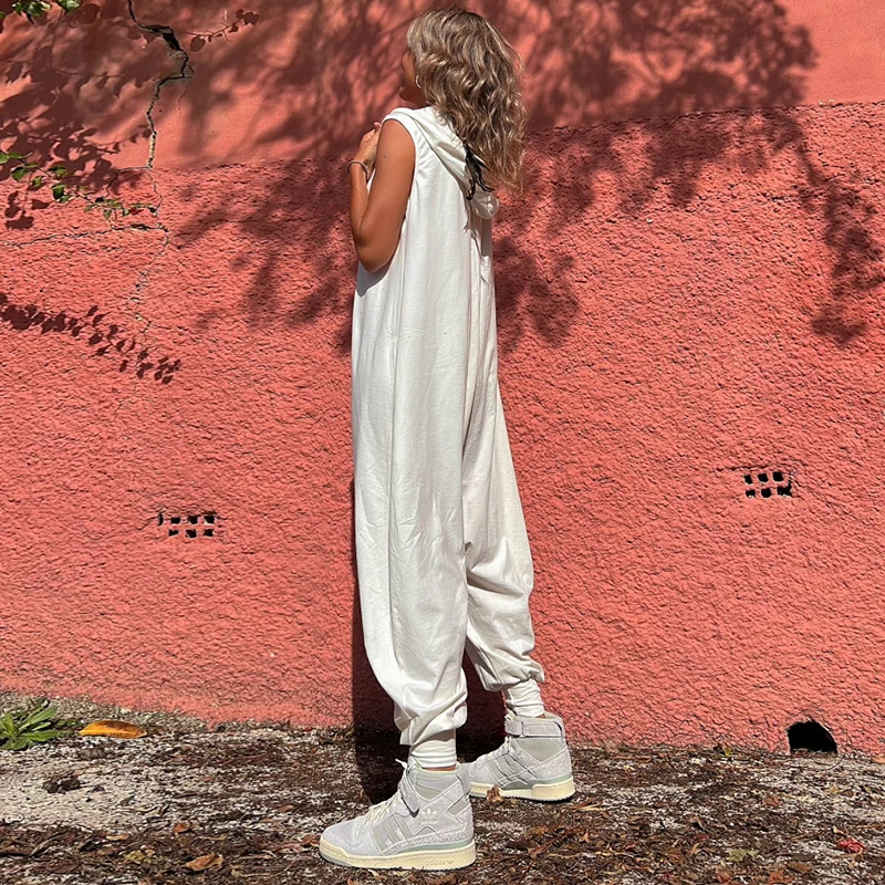 Summer Loose Hooded Jumpsuits For Women Streetwear Trend Fashion Casual Solid Color Sleeveless Rompers Lady New Party Long Pants
