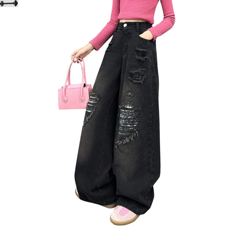 Демисезонные рваные джинсы для девочек новые модели подростков свободные прямые