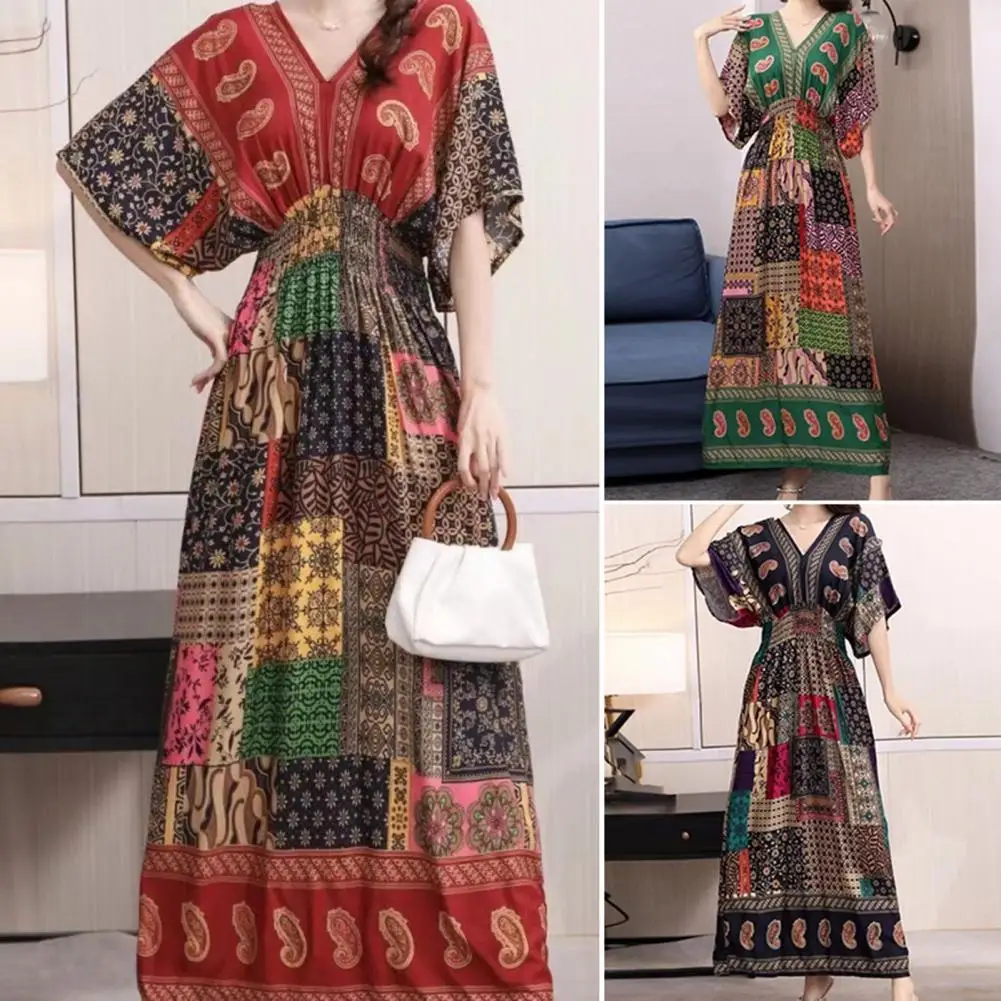 

Summer Women Dress Vintage Swing Slim Waist Beach Midi Dress Women's Bohemian Short Sleeve V-neck Summer Vacation Womenswear