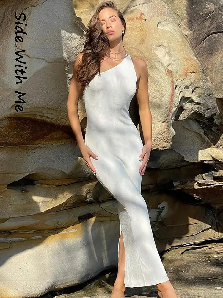 

Side with Me Backless Split Bodycon Sexy Maxi Woman Dress 2022 Summer Party Club Elegant One Shoulder Casual Long Women Dresses