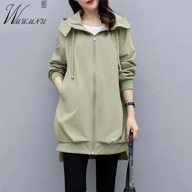 

Fashion Hooded Jackets For Women 2022 Spring Clothes Loose Mid Length Trench Coat Korean Style Zip Up Casual Windbreaker Female