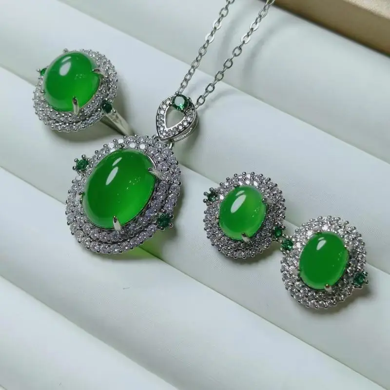 

High Ice Grade A Green Jade Jewelry Set Inlaid With Emerald Zircon Luxury Jadeite Necklace Earrings Rings Jwellery Sets Women